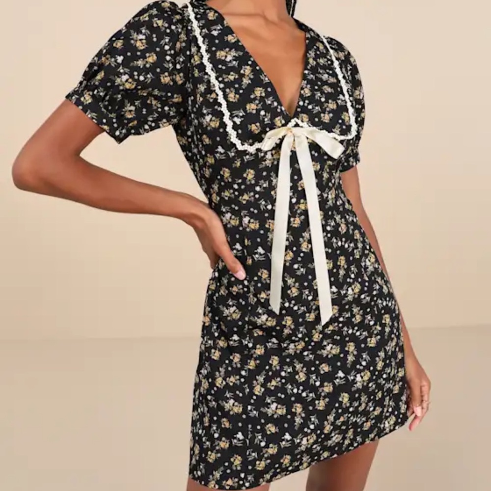 Lulus coquette black floral collared mini dress